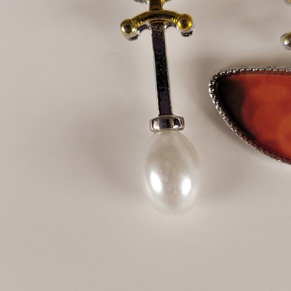 Abstract Drop Earrings Orange Half Moon Pearl Dangle Mixed Metal Boho Style - Picture 8 of 8